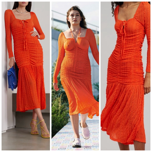 Ganni Orange Ruched stretch-cloqué midi dress size 36 US 4 $475 - Picture 6 of 16